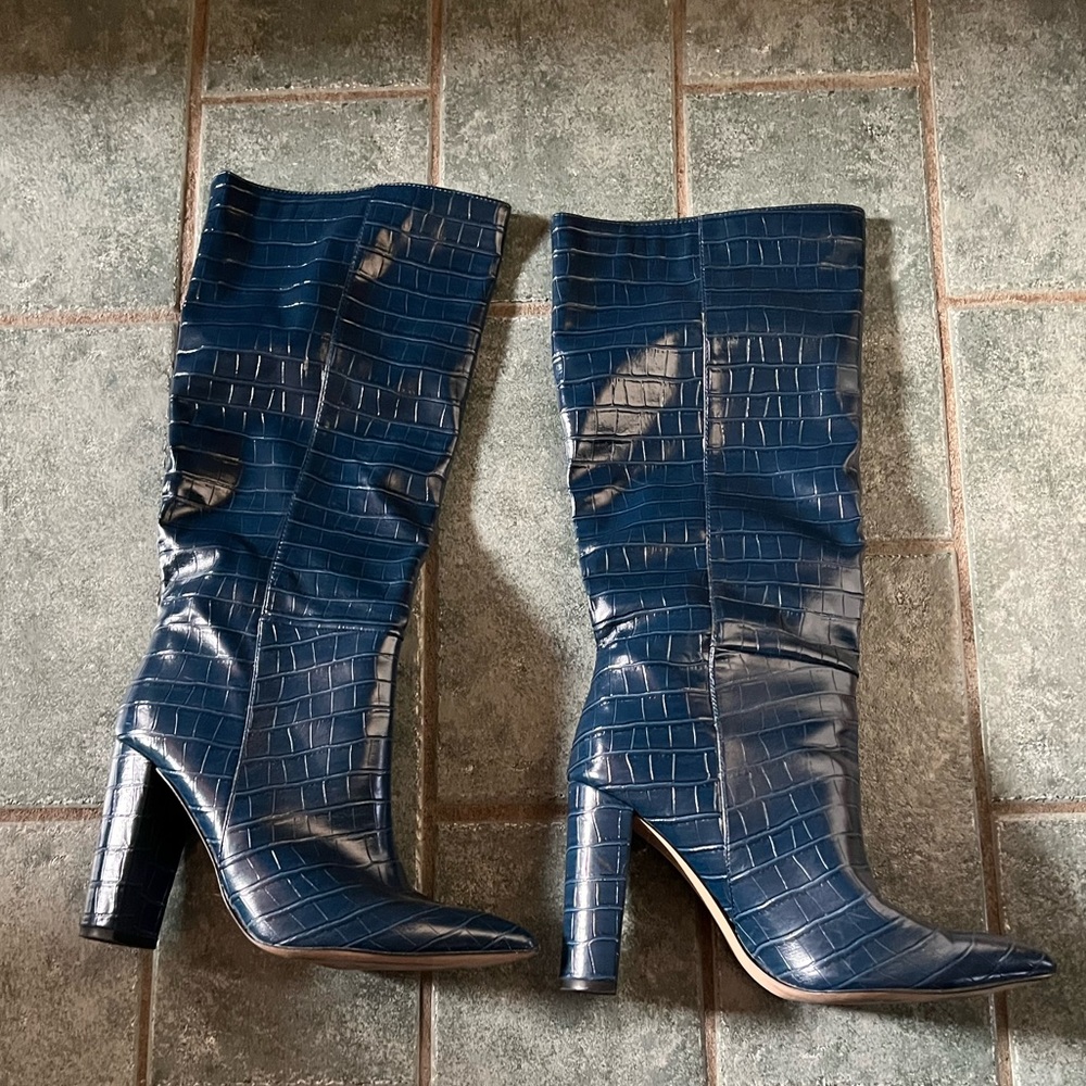 Steve Madden Navy Croc-Embossed Knee-High Heeled Boots